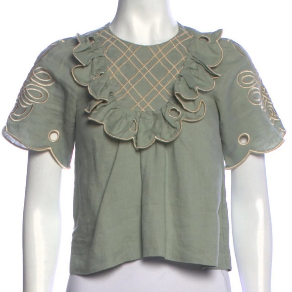 Innika Choo Linen Green Ruffle Embroidered Crew Neck Short Sleeve Crop Top